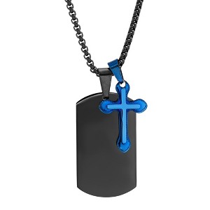 Steeltime 24" two tone black and blue ip stainless steel cross/dog tag pendant - 1 of 4
