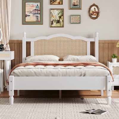 TiramisuBest Queen Size Wooden Platform Bed with Natural Rattan Headboard, Vintage Bed Frame with Wooden Slat Support