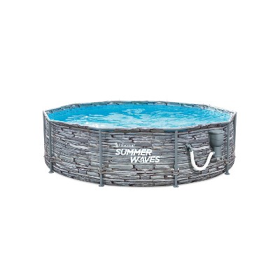 Summer Waves P2W01030A 10 Foot Diameter Round Stone Slate Print Metal Frame Above Ground Back Yard Family Swimming Pool with SkimmerPlus Filter Pump