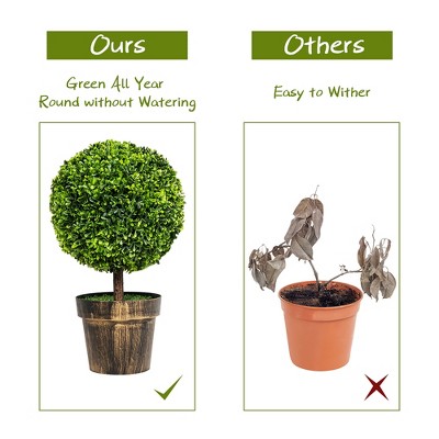 22" Green Artificial Boxwood Topiary Trees in Bronze Cement Pots, Set of 2