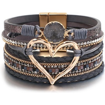 Leather Wrap Bracelet with Heart-Shape Decor & Crystal Beads, Bohemian Cuff Bangle for Women & Girls