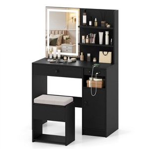 Tangkula Vanity Desk with Mirror & Lights Makeup Dressing Table w/Cushioned Storage Stool & Power Outlets White/Black - 1 of 4