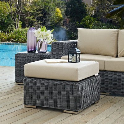 Canvas Antique Beige Sunbrella Outdoor Patio Ottoman with Rattan Weave