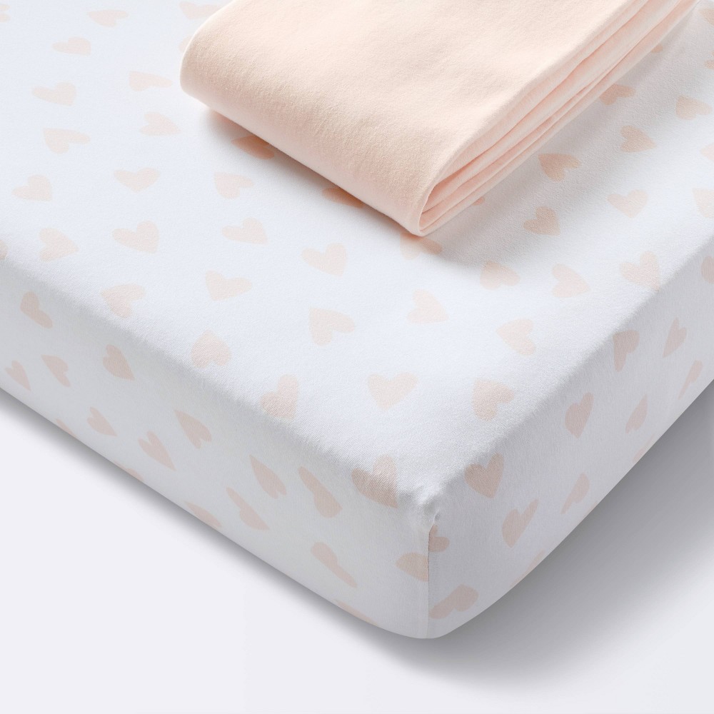 Photos - Bed Linen Jersey Fitted Crib Sheet - Pink Hearts and Solid Pink - 2pk - Cloud Island