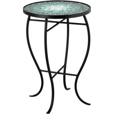 Teal Island Designs Modern Black Round Outdoor Accent Side Table 14" Wide Green Mosaic Front Porch Patio House Balcony Deck Shed