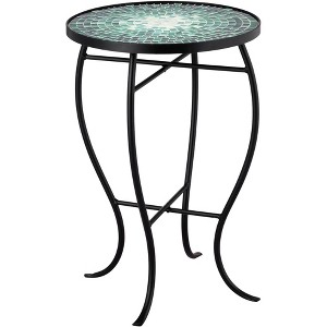 Teal Island Designs Modern Black Round Outdoor Accent Side Table 14" Wide Green Mosaic Front Porch Patio House Balcony Deck Shed - 1 of 4