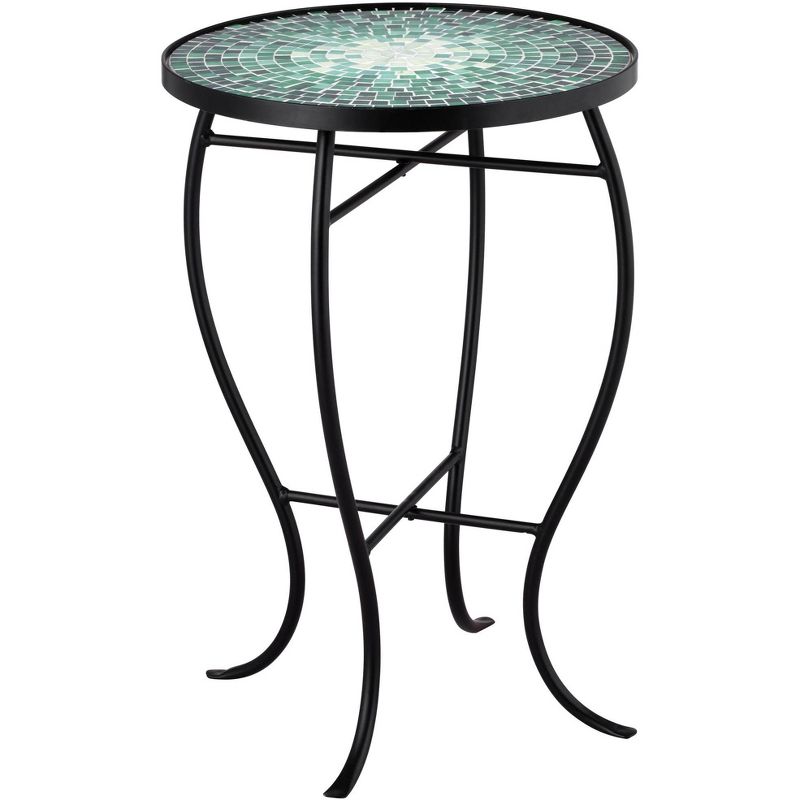 Teal Island Designs Modern Black Round Outdoor Accent Side Table 14" Wide Green Mosaic Front Porch Patio House Balcony Deck Shed, 1 of 8