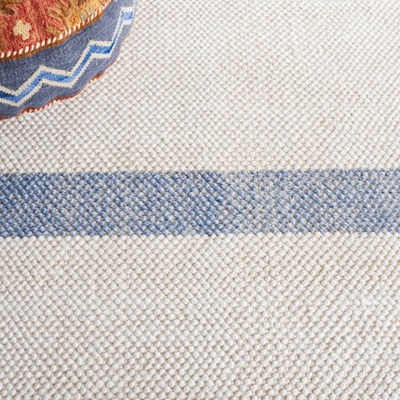 Ivory and Blue Striped Square Wool Area Rug, 6' x 6'