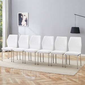 Vynxaria Luxury Simple Chair Set - 6 White PU High Resilience Dining Chairs with Silver Metal Legs - 1 of 4