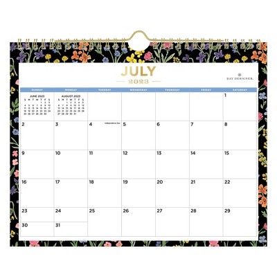 Day Designer 2023-24 Academic Wall Calendar 11&#34;x8.75&#34; Monthly Wirebound Flower Field Black