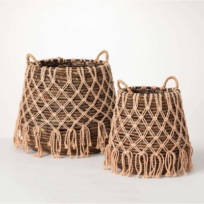 Sullivans Boho Basket With Macrame Layer Set of 2, 15.5"H & 13"H Brown