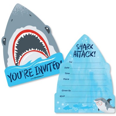 Big Dot of Happiness Shark Zone - Shaped Fill-In Invites - Jawsome Party or Birthday Party Invite Cards with Envelopes - Set of 12