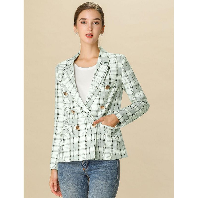 Allegra K Women's Notched Lapel Double Breasted Plaid Formal Blazer Jackets, 3 of 8