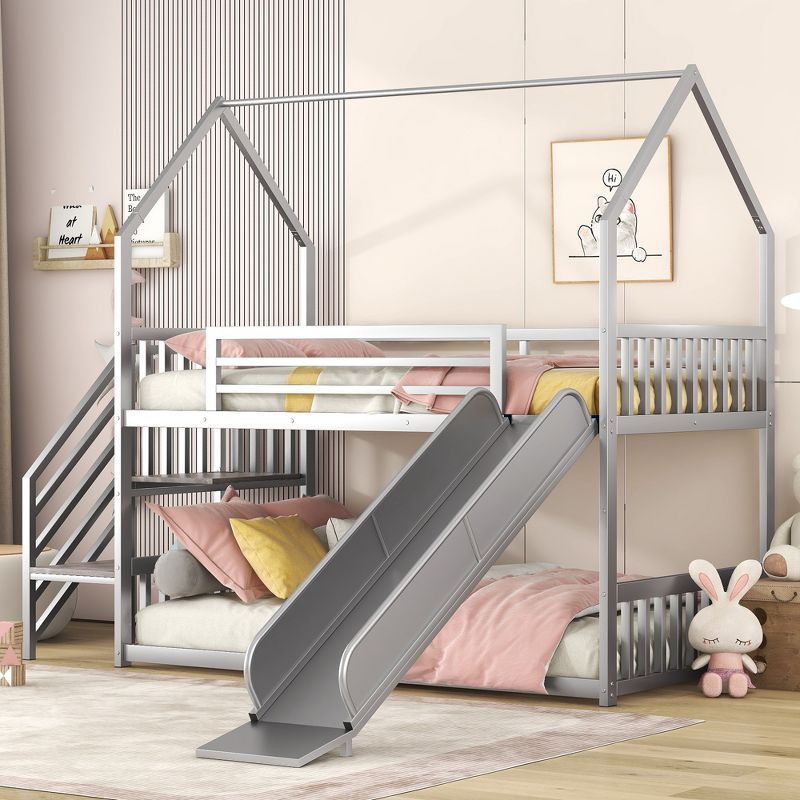 Twin over Twin Metal Bunk Bed House Bed with Slide and Staircase-ModernLuxe, 3 of 12