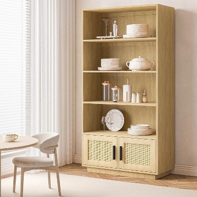 Homhougo Boho Bookcase with Rattan Doors, 5 Tier Bookshelf, Wooden Bookcase and Bookshelf with Storage, Tall Book Stand, Large Bookshelf