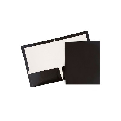 JAM Paper Laminated Two-Pocket Glossy Presentation Folders Black Bulk 25/Pack 385GBLD