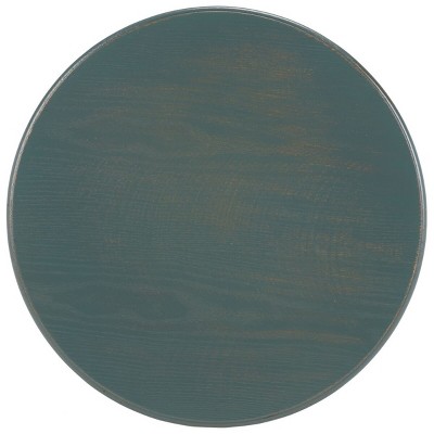 Dark Teal Geometric Wood and Metal Round Accent Table