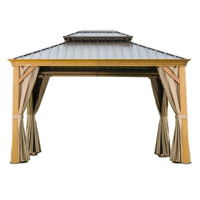 DOMETOUR 10'x12' Hardtop Gazebo, Wood-Look Aluminum Frame, Steel Roof, Curtains & Netting for Patio, Deck, Lawn