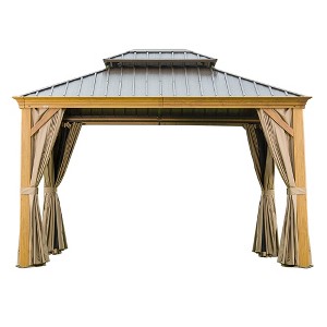 DOMETOUR 10'x12' Hardtop Gazebo, Wood-Look Aluminum Frame, Steel Roof, Curtains & Netting for Patio, Deck, Lawn - 1 of 4