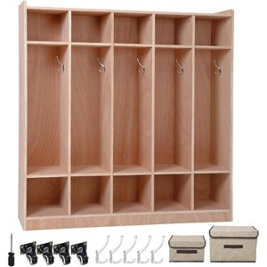 5 Section Wooden Kids Coat Locker Cubby with 5 Hooks, 4 Wheels, 2 Organizers, Toddler Sized Daycare Storage Cubbies for Homeschool, Kindergarten - 1 of 4