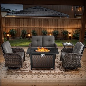 Belord 43" Propane Fire Pit Table Set Patio Furniture Set with Glider Loveseat, Brown Wicker Deep Seating Patio Swivel Rocker Glider Chairs - 1 of 4