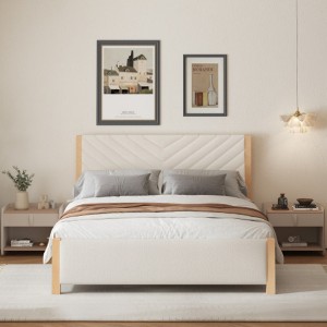 Modern Mid-Century Queen Upholstered Platform Bed Frame with Tufted Headboard and Solid Wood Legs,No Box Spring Needed,Beige - 1 of 3