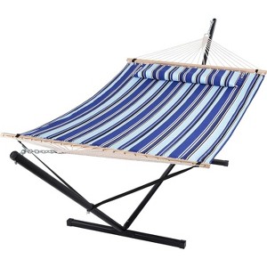 1 Person Outdoor Hammock, Widening Design Cotton Hammock with Metal Stand, Heavy Duty Construction, 450 LBS Weight Capacity, Blue - 1 of 4
