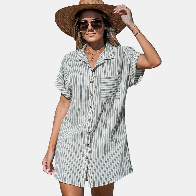 Women's Striped Collared Button-Up Mini Cover-Up Dress - Cupshe, 1 of 8