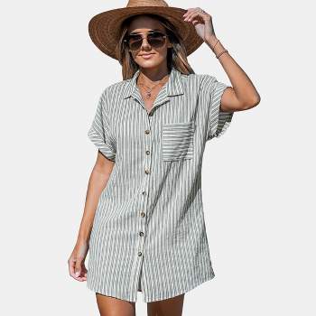 Women's Striped Collared Button-Up Mini Cover-Up Dress - Cupshe