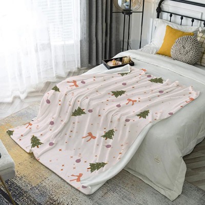 Soft Flannel All-Season Cozy Throw with Green Pine Trees, Red Bows & Golden Stars - for Sofa, Bed, Travel, Camping, Living Room, Office Decor