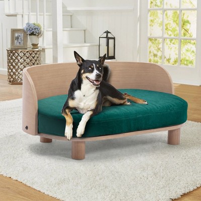 Corgi 26" Wide Small Dog Bed with Removable Cover,Velvet Cushion With Solid Wood legs and Bent Wood Back-The Pop Home