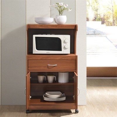 Cherry Wood Microwave Kitchen Cart with Storage and Wheels