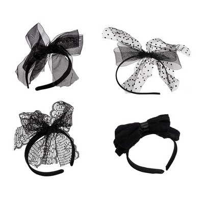 Blue Panda 4-Pack 80's Lace Headband Bow Black Hair Accessories for Halloween Costumes, 4 Designs