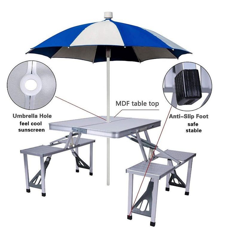 MPM Folding Camping Table Chair Set - Silver, Aluminum Suitcase Portable Camping Picnic Table with 4 Seats, Umbrella Hole for Party, BBQ, Beach, 2 of 6