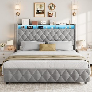 Bed Frame With 50.8" Tall Headboard And 4 Storage Drawers, Platform Velvet Upholstered Bed Frame With Charging Station, Led Lights - 1 of 4
