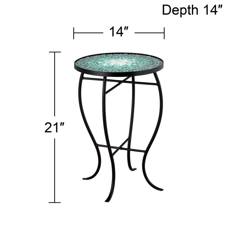 Teal Island Designs Modern Black Round Outdoor Accent Side Table 14" Wide Green Mosaic Front Porch Patio House Balcony Deck Shed, 4 of 8