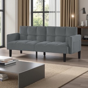 75" Velvet Convertible Folding Futon Sofa Bed with 6-Position Adjustable Backrest - 1 of 4