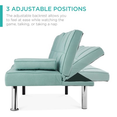 Aqua Tufted Linen Convertible Sleeper Sofa with Metal Legs and Cupholders