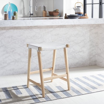 Sawhorse-Inspired White Leather and Natural Wood Counter Stool