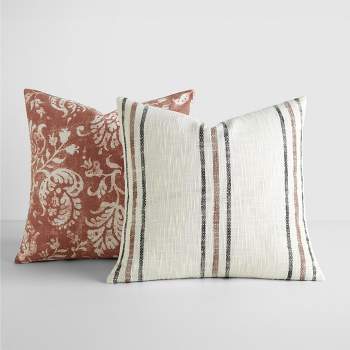 2-Pack Yarn-Dyed Patterns Terracotta Throw Pillows - Becky Cameron, Terracotta Yarn-Dyed Framed Stripe / Distressed Floral, 20 x 20