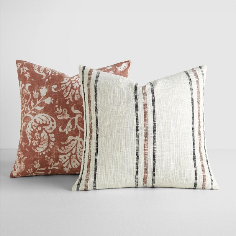 2-Pack Yarn-Dyed Patterns Terracotta Throw Pillows - Becky Cameron, Terracotta Yarn-Dyed Framed Stripe / Distressed Floral, 20 x 20, 1 of 9