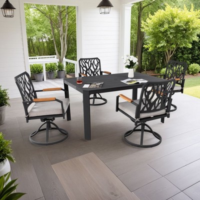 Nicbex 5 PCS Aluminum Patio Dining Set,1 Slatted Table with Umbrella Hole&Stone Top,4 Dining Swivel Chairs,Patio Conversation Sets for Garden&Backyard