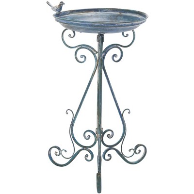 Ashlan Antique Blue Metal Outdoor Bird Bath with Sculpted Bird Ornament