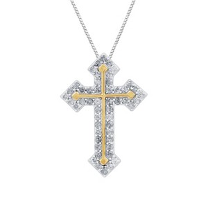 GILDED 1 Carat Total Weight Natural Round-Cut Diamond Cross Pendant Necklace in 14KT Gold Plated Over Sterling Silver, 18-inch Chain - 1 of 4