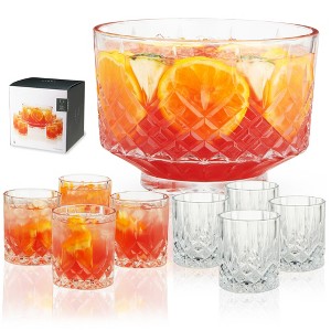 Viski Admiral Punch Bowl Set with 8 Tumblers, Cut Crystal Cocktail Party Serveware, Dishwasher Safe, 2.5 Gallons, 9 Oz Glasses, Set of 9, Clear Finish - 1 of 4