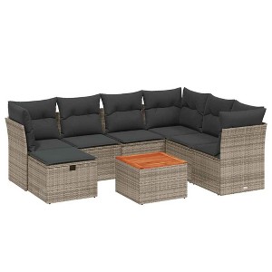 vidaXL 8 Piece Patio Sofa Set with Cushions Gray Poly Rattan - Gray and Dark Gray 3x Middle 3x Corner Footrest Table - 1 of 4