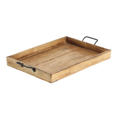 Rustic Brown Mango Wood Rectangular Tray Set with Slot Handles