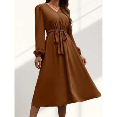 Women's V-Neck Dress Casual Lantern Sleeve Tie Waist Midi Dress