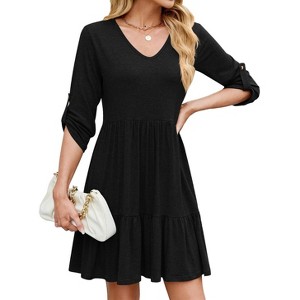 Womens Summer Midi Dress 3/4 Sleeve V Neck Highwaist Tiered Sun Dress A Line Midi Flowy Smock Dress with Roll Sleeve Summer Casual Dress - 1 of 4