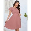 Maternity V Neck Swiss Dot Dress Summer Casual Short Sleeve Flowy Midi Dress Belt Photoshoot Baby Shower - 3 of 4